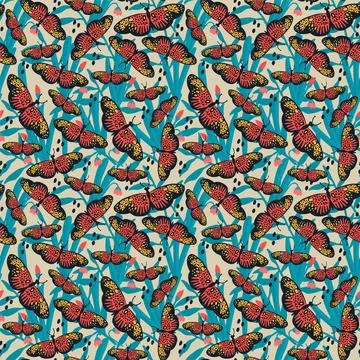 Background with insects in nature. Pattern with fluttering butterflies and moths Stock Illustration