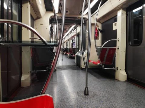 Background inside of the rushing subway train,empty interior of the train Stock Photos
