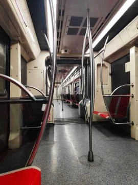Background inside of the rushing subway train,empty interior of the train Stock Photos