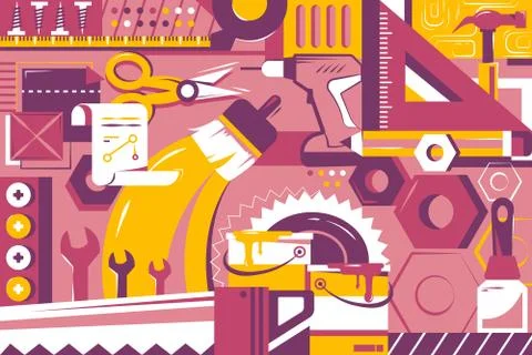 Background of instruments with wrench, paint brush and drawing tools. Stock Illustration