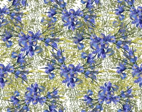 Background of iris flowers with foliage. Seamless pattern. watercolor illustr Stock Illustration
