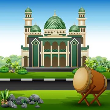 Background of Islamic mosque building with green plants Ilustración de archivo