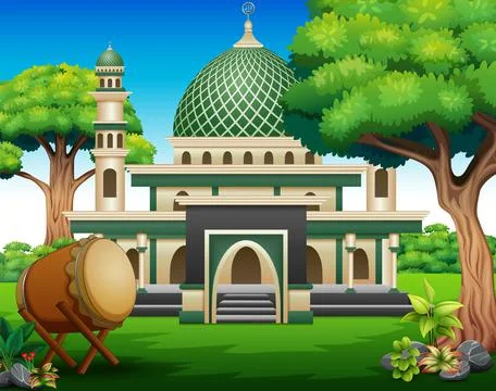 Background of Islamic mosque building with green plants Ilustración de archivo