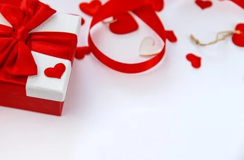 Background isolate with hearts and gift. Valentine's Day. Selective focus. Stock Photos
