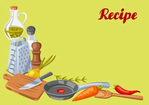 Background with kitchen utensils. Cooking tools for home and recipe items. Illustrazione stock