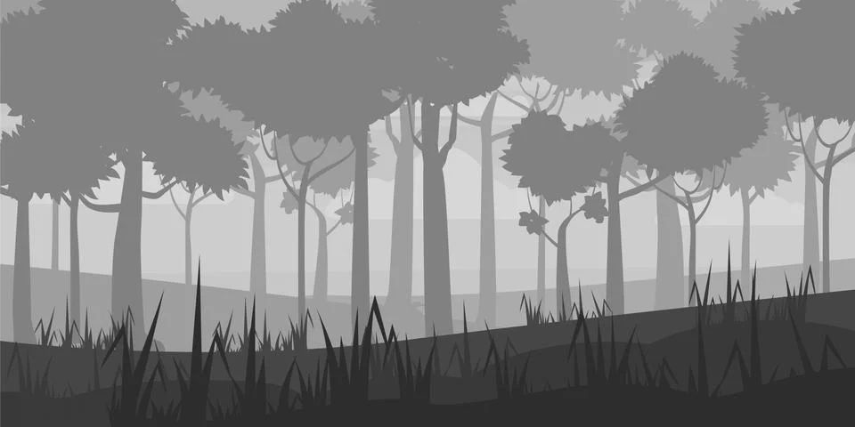 Background of landscape with deep deciduous forest. Cartoon style. Vector Stock Illustration