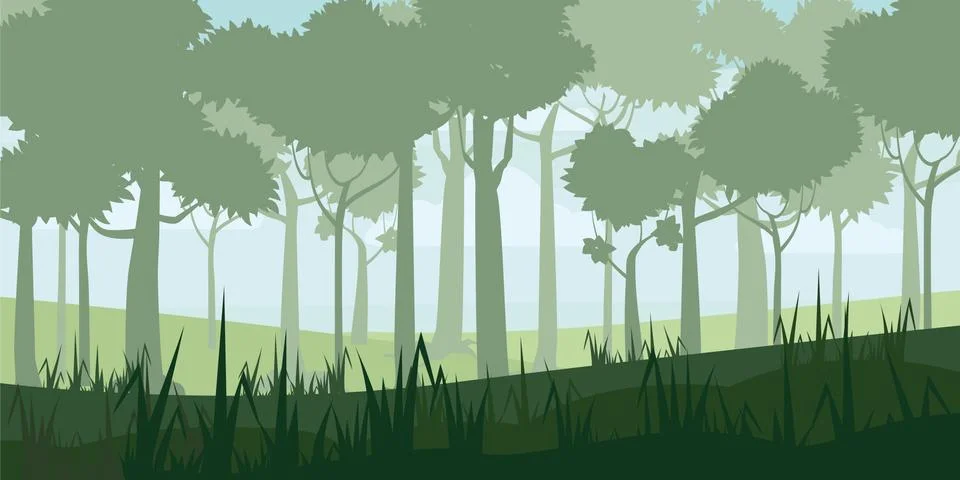 Background of landscape with deep deciduous forest. Cartoon style. Vector Stock Illustration