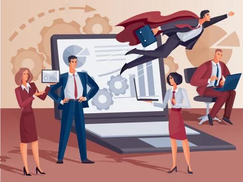 On the background of a large open laptop there is a team of men and women who Stock Illustration