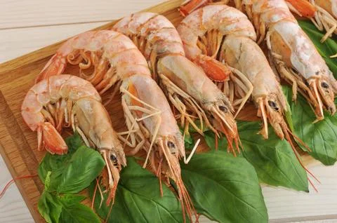 Background of the large prawns and Basil leaves Stock Photos