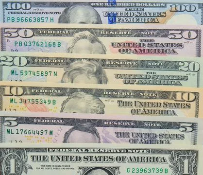 Background layout of modern USD banknotes 1, 5, 10, 20, 50, 100 写真素材