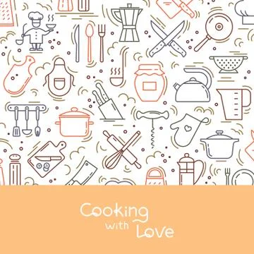 Background with lettering on the kitchen theme with a variety of kitchen items. Stock Illustration