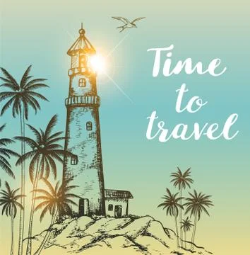 Background with lighthouse and palms. Stock Illustration