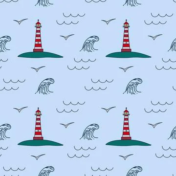 Background with lighthouse building and waves. Cartoon tower in the harbor or on Stock Illustration