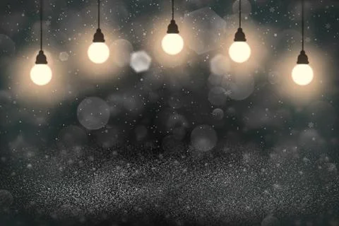 Background lights with light bulbs, snow flakes bokeh Stock Illustration