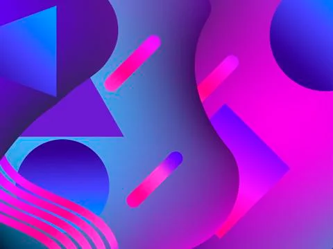 Background with liquid shape and geometric objects in the style 1980s. Gradie Illustrazione stock