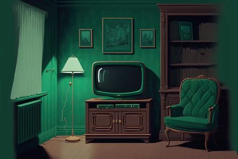 Background of a living room with a television cabinet painted a dark green tint Stock Illustration