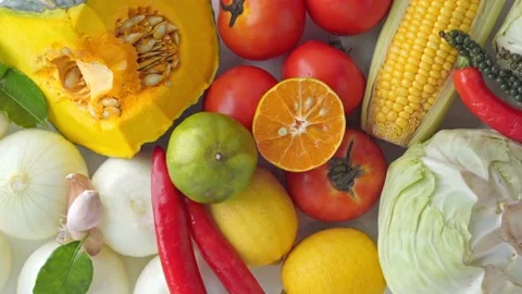 Background with Lots of healthy vegetables on the table  Stock Footage 145136914