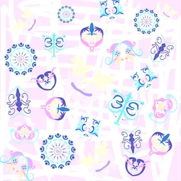 The background is made of colored elements in the form of curls, circles. Stockfoto's