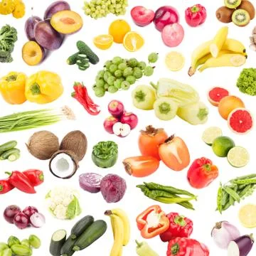 Background made from different colored vegetables and fruits, isolated on whi Stock-Fotos