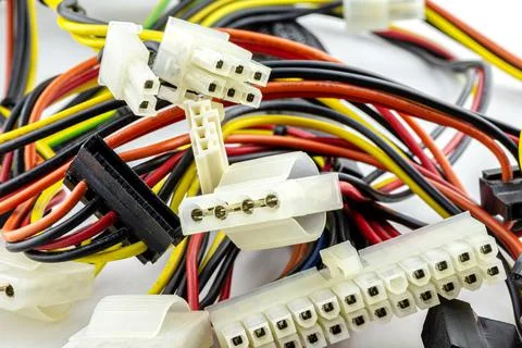 Background made of different kinds of power cables from computer power supply Stock Photos