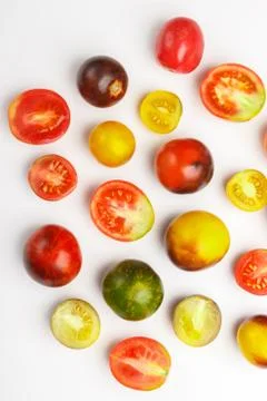 Background made from different tomatoes, white background Stock-Fotos