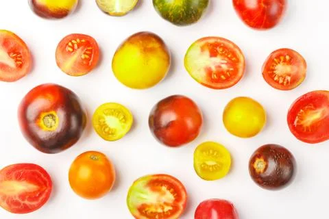 Background made from different tomatoes, white background Stock Photos