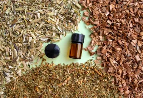 Background made of mixed dried roots, flowers, herbs for medical use Stock Photos