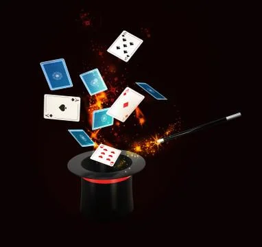 Background Magic Hat With Shine and flying play cards. isolated black, 3d Ill Stock Illustration