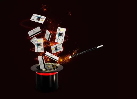 Background Magic Hat With Shine and flying discount cards. isolated black, 3d Stock Illustration
