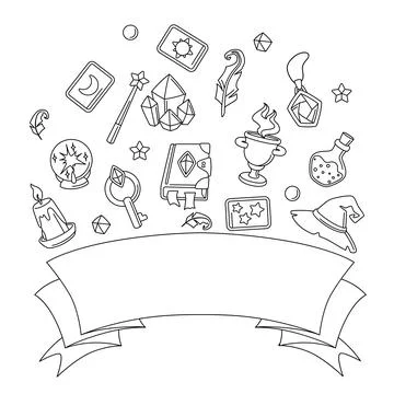 Background with magic items. Witchcraft alchemy mystery elements. Stock Illustration