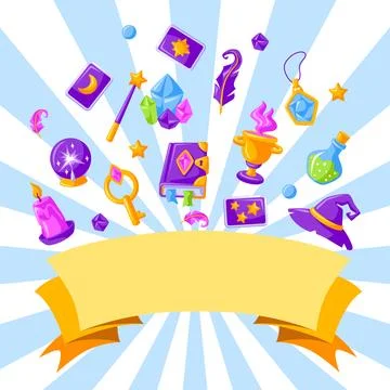 Background with magic items. Witchcraft alchemy mystery elements. Illustrazione stock