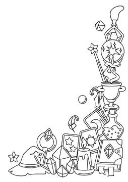 Background with magic items. Witchcraft alchemy mystery elements. Illustrazione stock