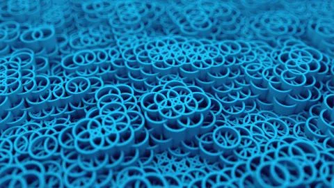 Background of many circles, lot of 3d intersecting cylinders, computer generated Stock-Illustration