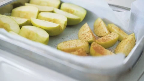 Background of many sliced apples in the pan in 4K Video stock 72633765
