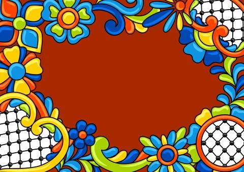 Background with mexican talavera pattern. Decoration with ornamental flowers 스톡 일러스트