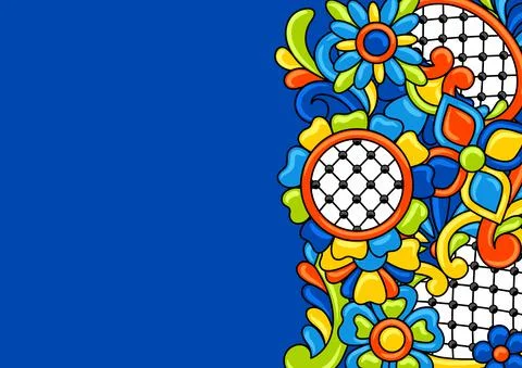Background with mexican talavera pattern. Decoration with ornamental flowers Illustrazione stock