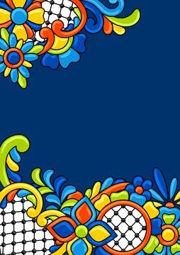 Background with mexican talavera pattern. Decoration with ornamental flowers Illustrazione stock