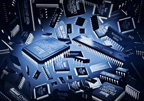 Background of micro chip and new technologies with spot light. Stock Illustration