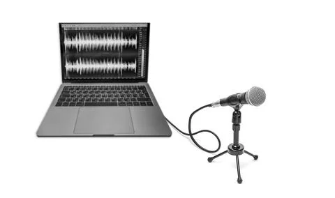 Background with microphone and wave form on screen Fotos de archivo