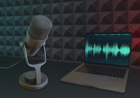 Background with microphone and wave form on laptop screen Fotos de archivo