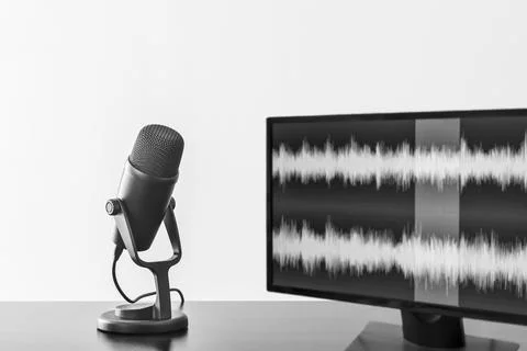 Background with microphone and wave form on screen Fotos de archivo