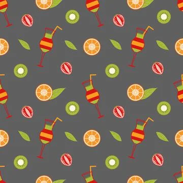 Background with mix cocktail and slices of orange, strawberry, kiwi and a lea Stock Illustration