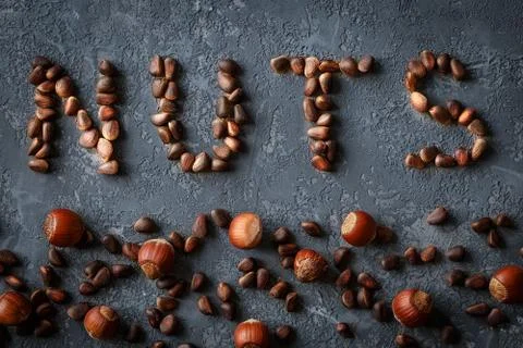 Background of mixed nuts,  hazelnuts, Pine nuts Stock Photos