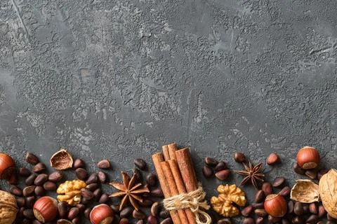 Background of mixed nuts.  hazelnuts, walnuts, cedar Stock Photos