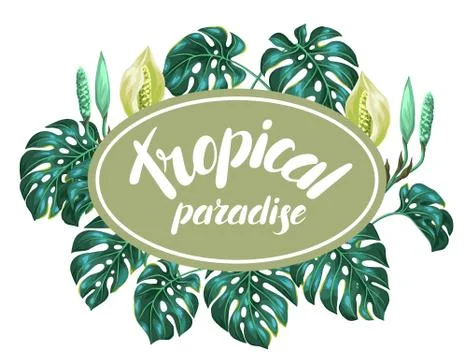 Background with monstera leaves. Decorative image of tropical foliage and flower Illustrazione stock