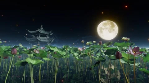 The background of the moonlit pond scene is played continuously on the stage bac Vídeos de archivo 339384149