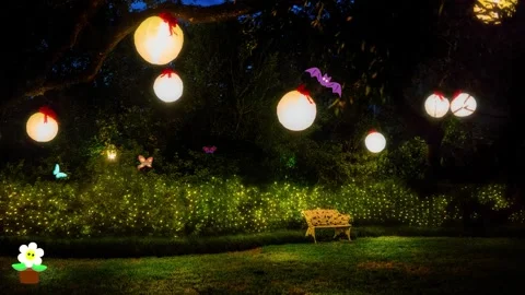 Background moving at night with decorative lights, flowers and butterflies Stock Footage 219912442