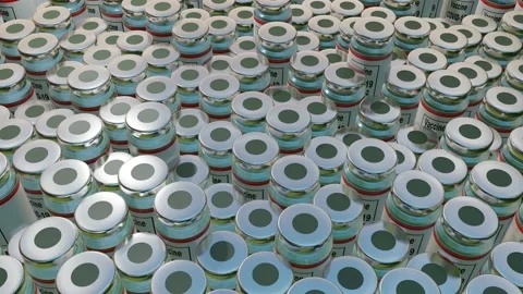 Background of moving rows of coranavirus vaccine jars. COVID-19 epidemic and vac Video stock 166100829