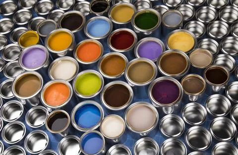 Background from multi color cans of paint Stock Photos