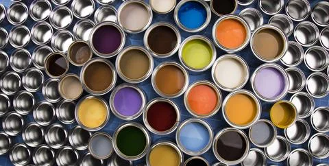 Background from multi color cans of paint Stock Photos